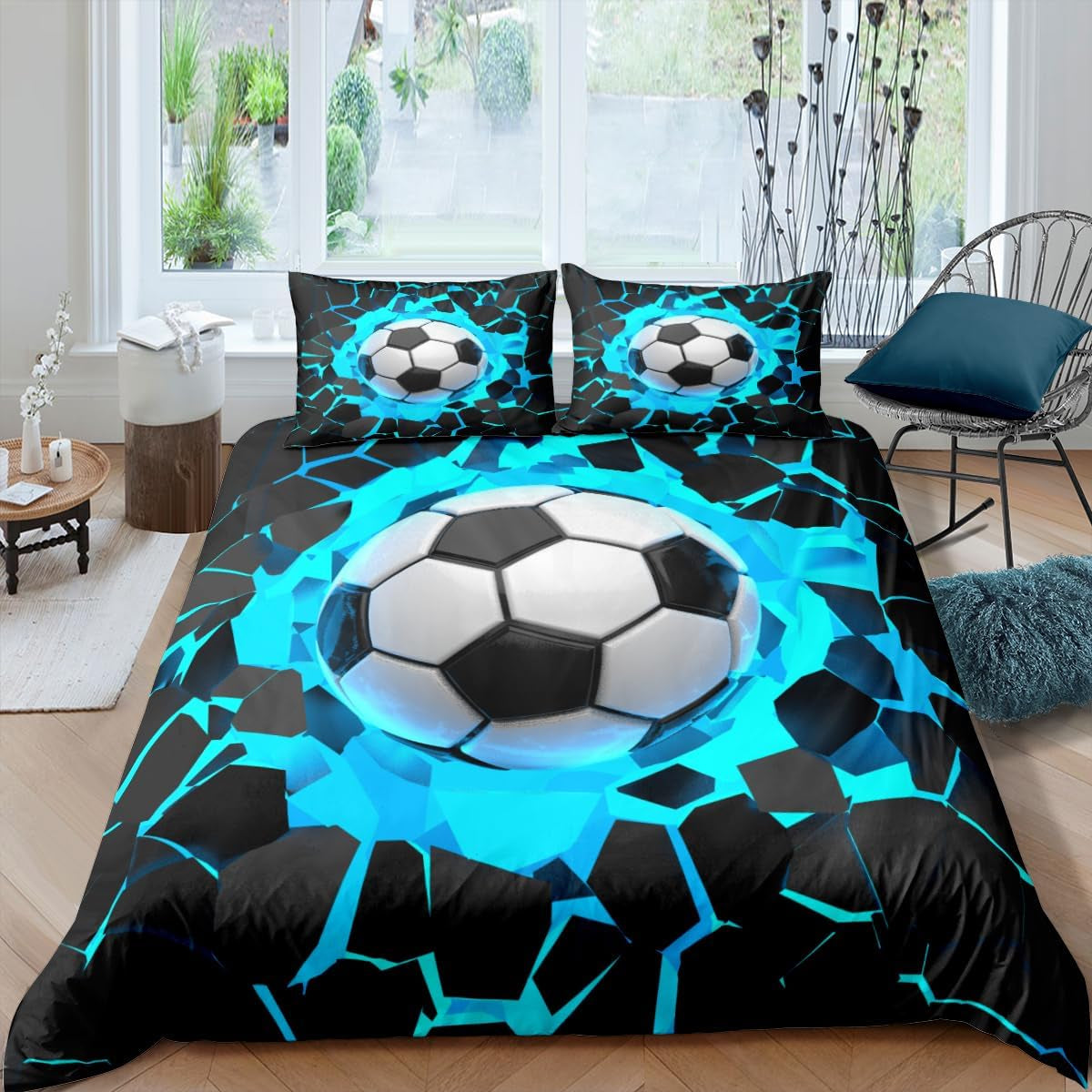Lenjerie de pat pentru copii, fotbal, microfibre de poliester Lenjerie de pat - copii Naty Shop Albastru 135 X 200 Cm