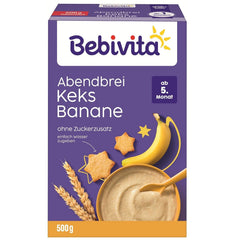Terci de seară cu biscuiți și banane (4x500g), terci de lapte de la 5 luni, fără zahăr adăugat, cu minerale și vitamine valoroase, foarte sățios