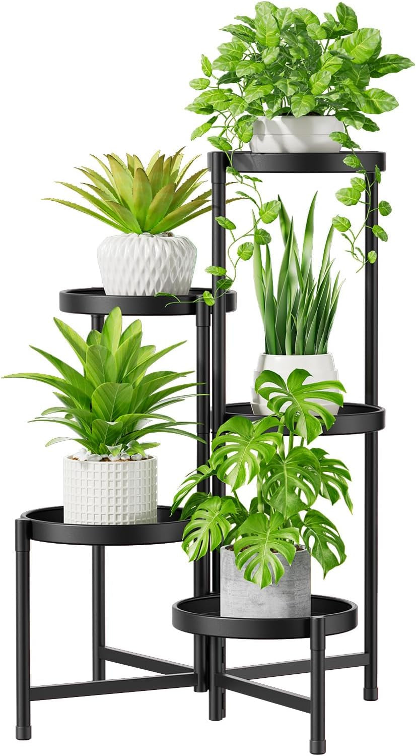 Idavosic.Ly Pflanzenständer Metall Groß Mit 5 Etagen, Blumenständer Pflanzenregal Blumenregal Indoor Outdoor, Faltbar Blumentreppen Innen Plant Stand Shelf Für Garten Balkon Wohnzimmer (Rund, Schwarz)