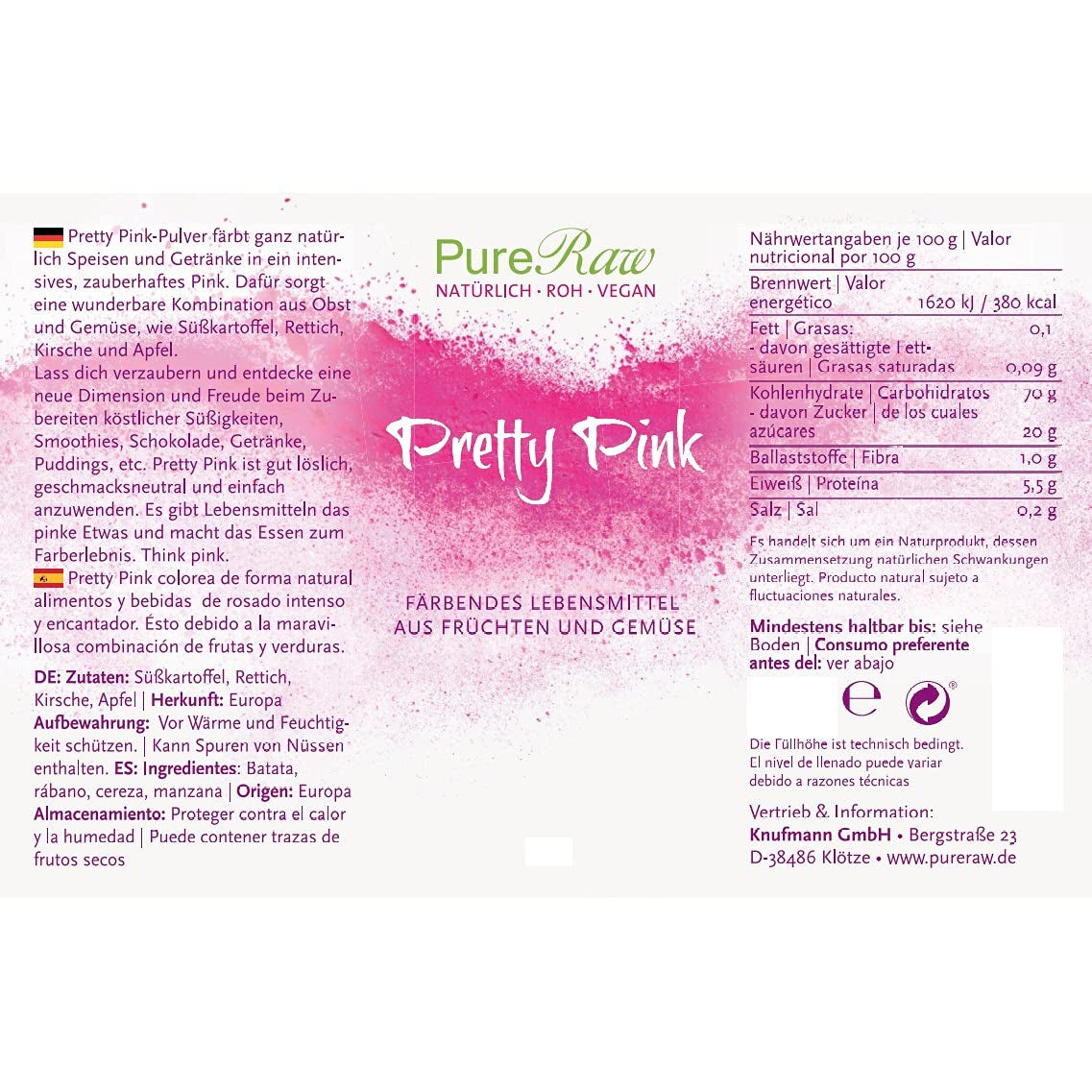 Pretty Pink Natürliche Lebensmittelfarbe Pulver Rosa (Roh Vegan) Pastell Rose Bis Intensiv Rosa-Rot - Essbare Farbe Für Lebensmittel Aus Früchten Und Gemüse - Natural Food Coloring | Pureraw 5G Naty Shop