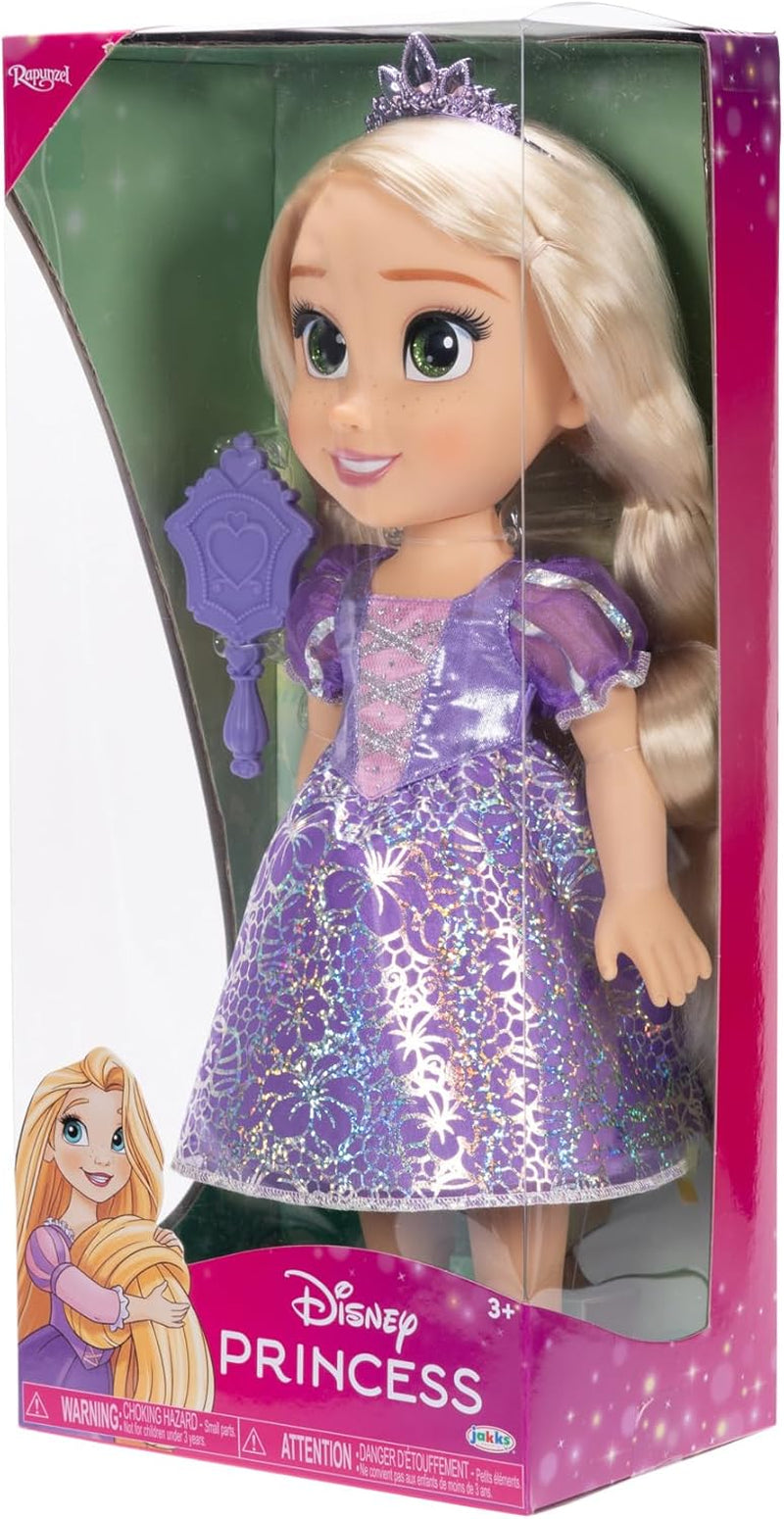 Disney Princess Rapunzel Puppe 35cm, reflektierende Glitzeraugen, bewegliche Gelenke, ausziehbares Kleid, Schuhe, Krone, langes Blondes Haar, für Mädchen ab 3 Jahren