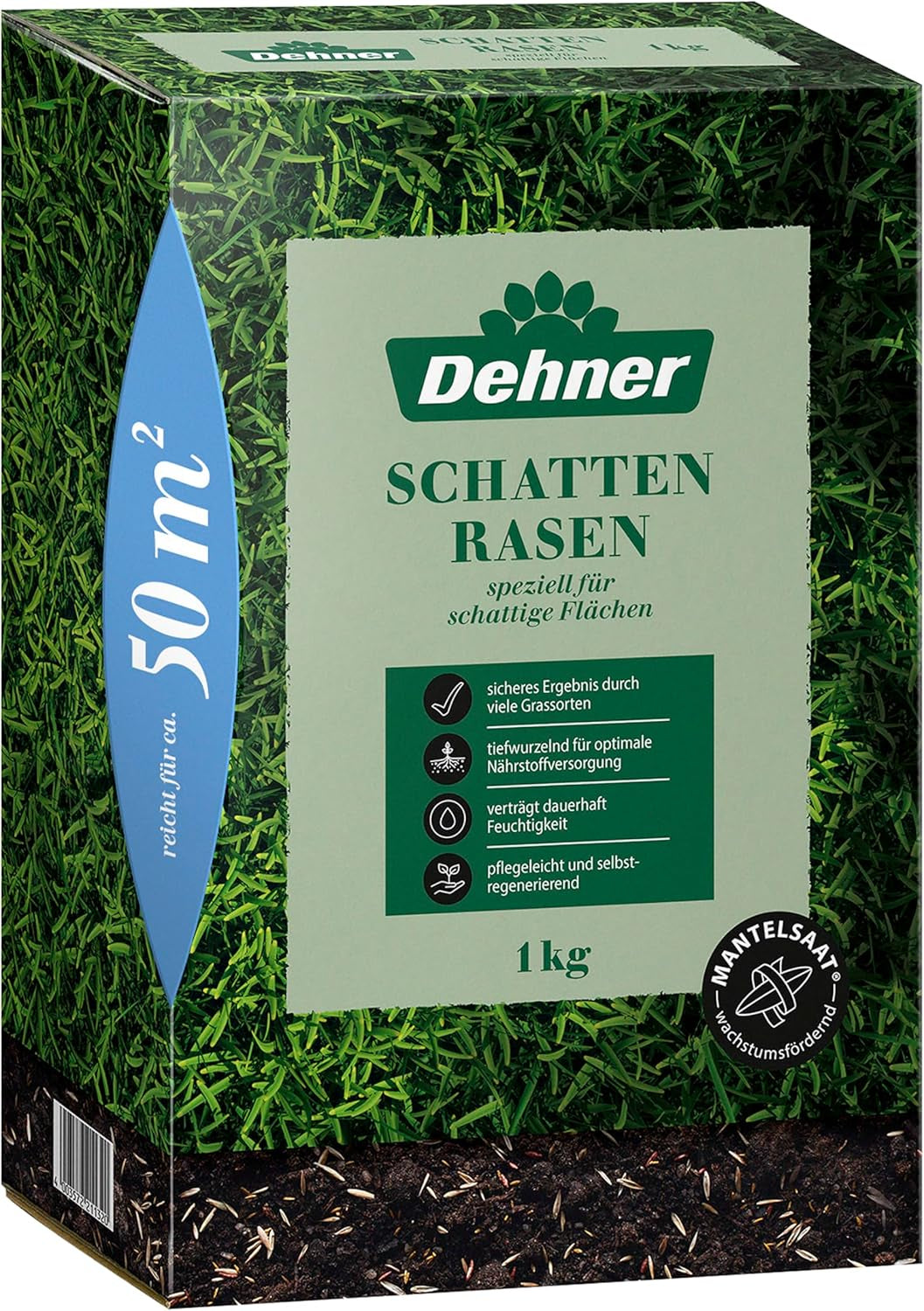 Dehner Saatgut Schattenrasen, Hochwertige Rasensamen Schnell Keimend/Selbstregenerierend, Ideal Für Schattige/Halbschattige Flächen, Fsc-Zertifizierte Verpackung, 1.25 Kg Für Ca. 50 M²