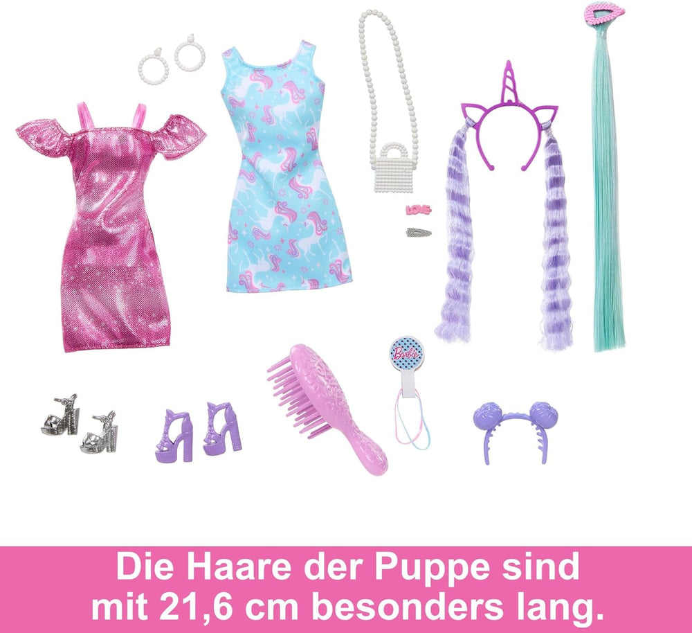 Păpușă Barbie, păr distractiv și elegant, cu păr negru extra lung și colorat și rochie roz strălucitoare, 10 accesorii de coafat și modă, JDC86