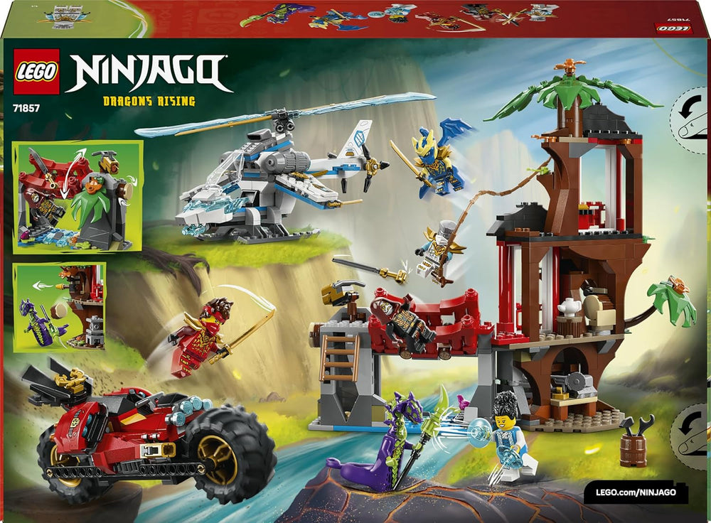 LEGO NINJAGO Showdown am Baumhaus mit dem Ninja-Bike - Action Spielzeug mit Motorrad, Hubschrauber, 6 Minifiguren und Schwertern - Geschenk für Jungen ab 7 Jahren und Fans - 71857