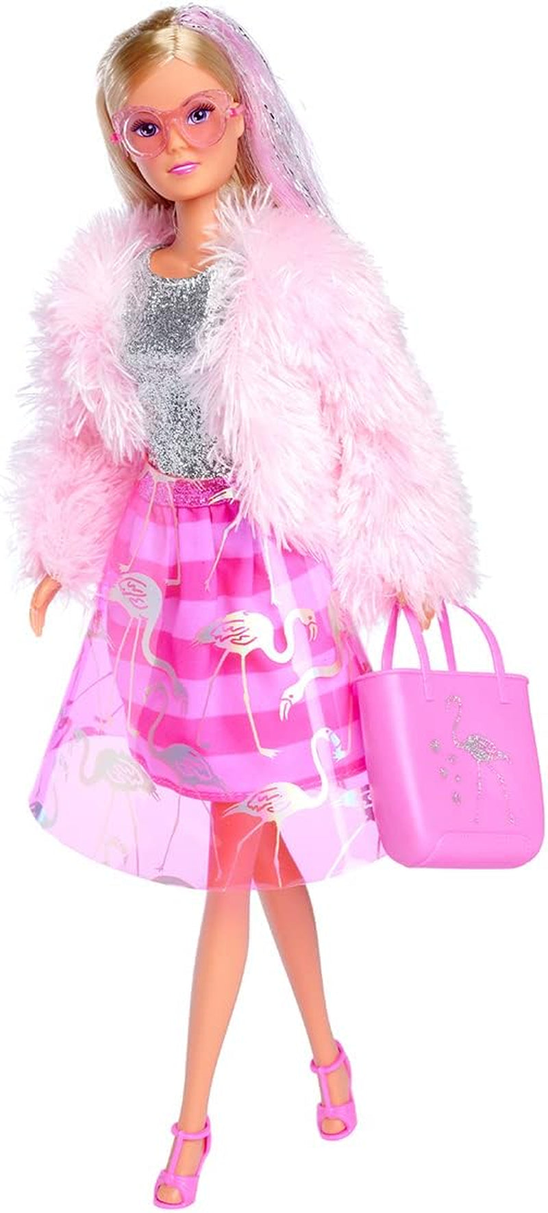 Simba Love Flamingo, Ankleidepuppe im modischen Outfit, Felljacke, Glitzerrock und Handtasche, Puppe 29cm, ab 3 Jahren, 105733559