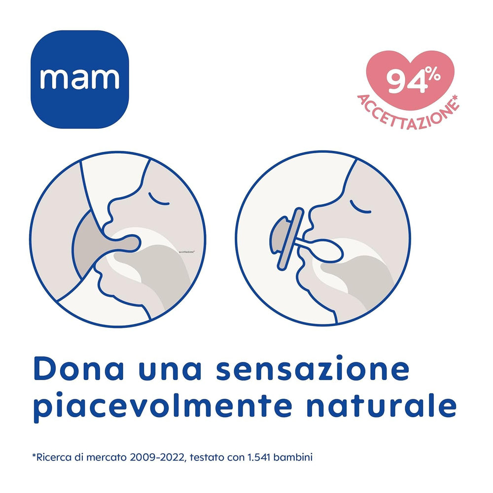 Suzetă MAM 6+ luni (pachet de 2) MAM 6-16 luni, strălucește în întuneric cu tetină de cauciuc, pachet de 2 cu suport sterilizator pentru suzetă, albastru deschis/albastru deschis