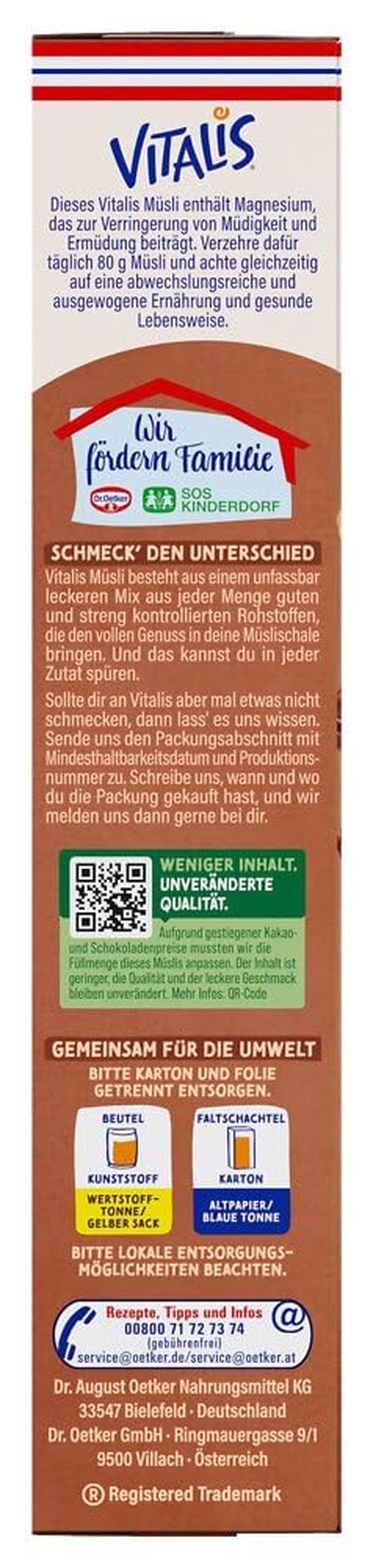 Dr. Oetker Vitalis Chocolate Muesli Classic: Musli pentru micul dejun cu lapte și ciocolată neagră, pachet de 7 (7 x 600g)