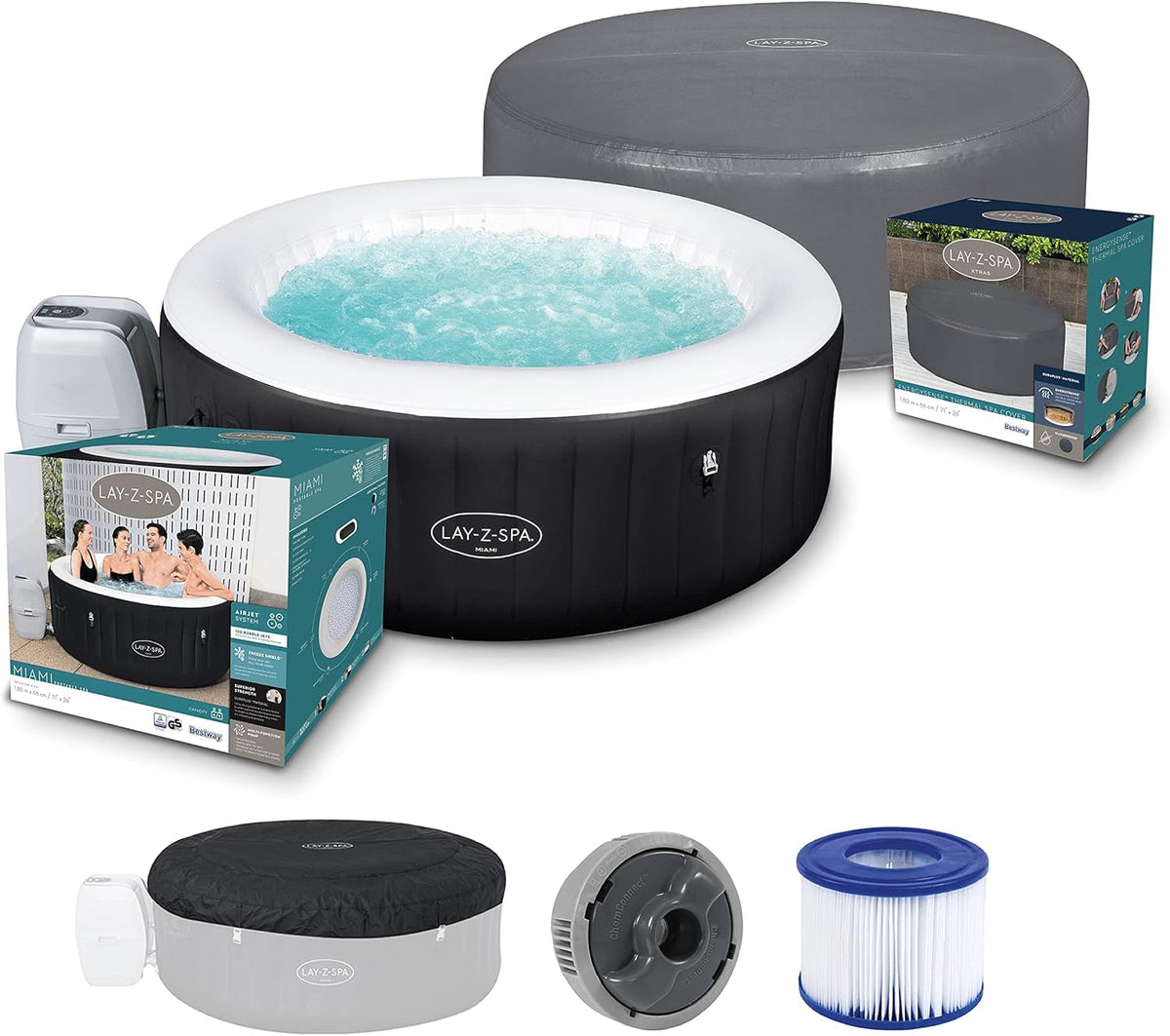 Pachet format din cada cu hidromasaj Lay-Z-SPA Miami AirJet™, 180 x 66 cm, 2-4 persoane, rotundă, neagră + husă termică Lay-Z-SPA Xtras EnergySense Ø 180 x 66 cm, rotundă