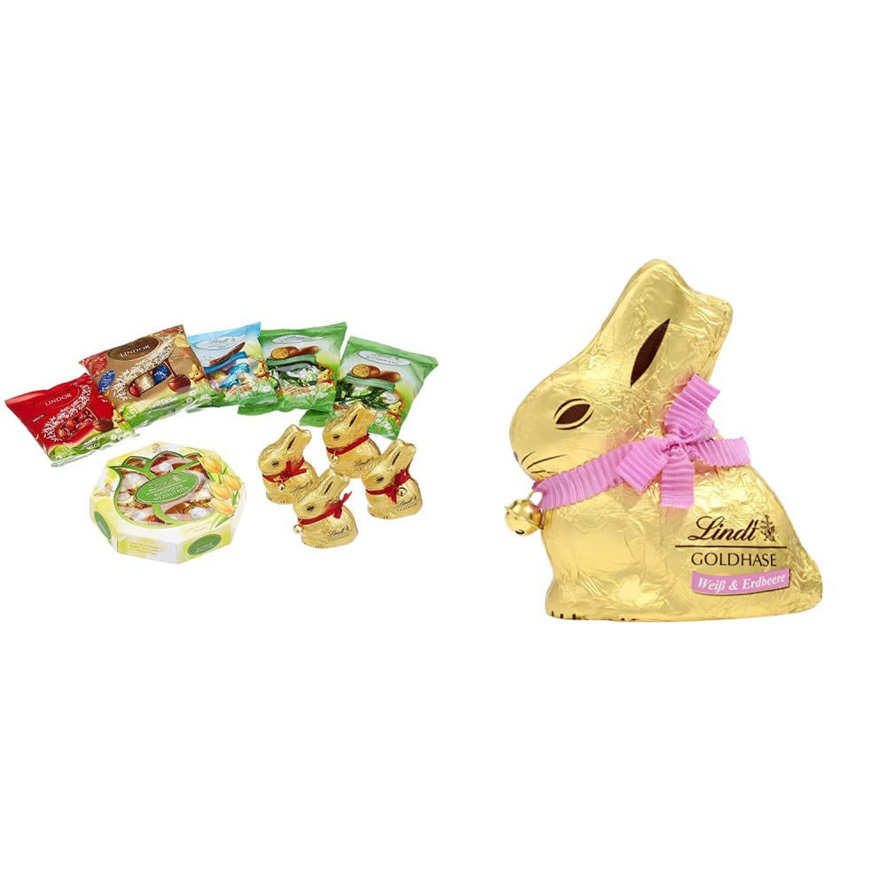 Set de Paște cu ciocolată | 894g | Conținut: Iepurași aurii și Iepurași aurii de ciocolată | 100g Iepurași aurii | Ciocolată albă premium cu bucăți de căpșuni în formă de iepuraș pentru Paște