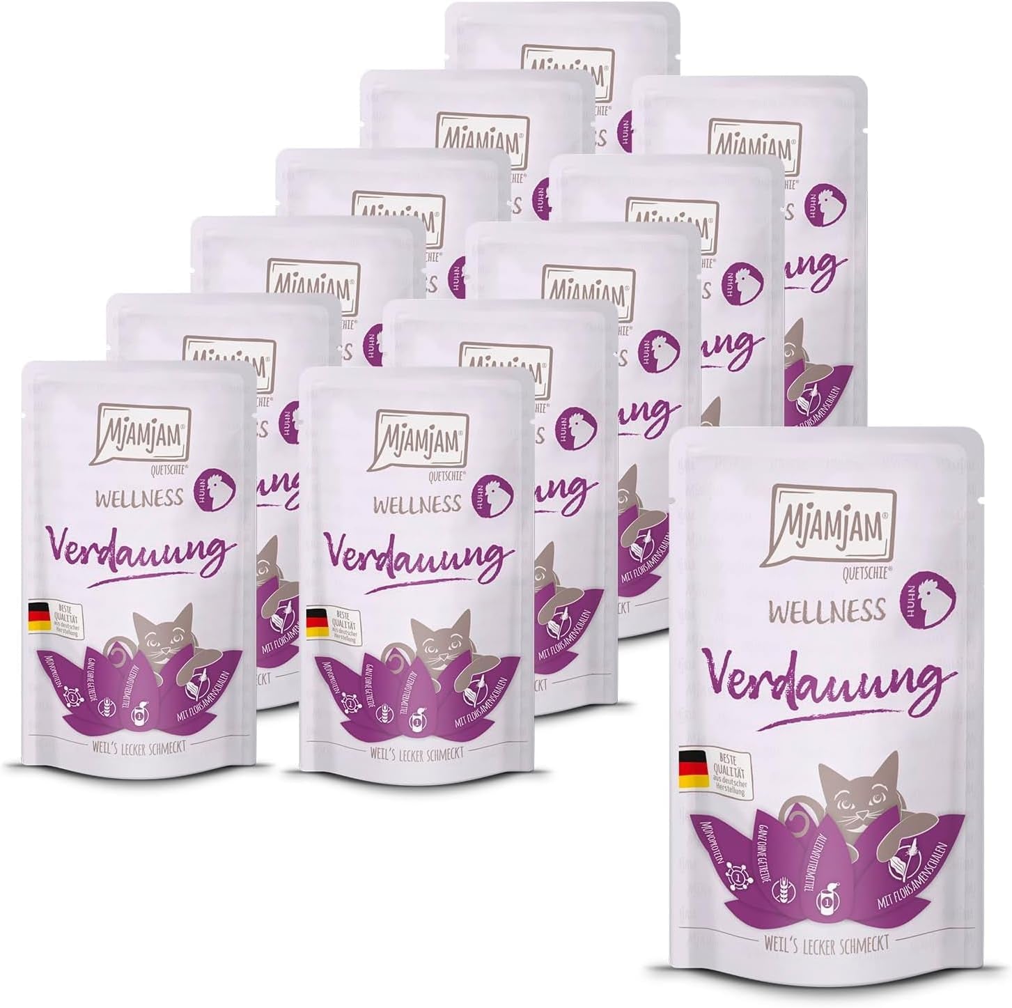 MjAMjAM - Hrană umedă premium pentru pisici - Wellness - Digestivă - Pui, pachet de 12 (12 x 125g), fără cereale