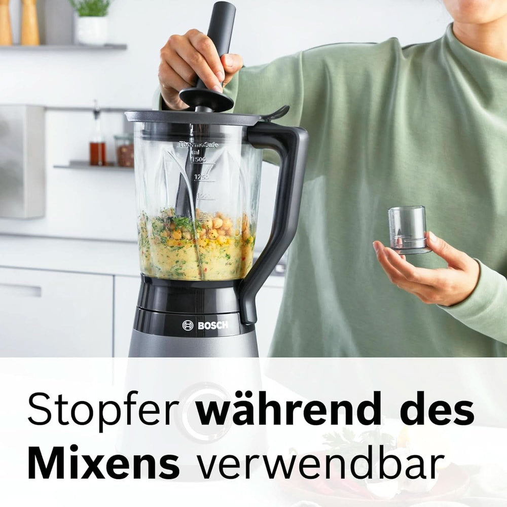 Bosch Standmixer Vitapower Serie 4 MMB6177S, Edelstahl-Klingen Made in Germany, 1,5L Thermosafe Glasbehälter, 0,6L To-Go-Flasche, Stopfer, Universalzerkleinerer, 30,000 U/Min, 1200 W, Silber Bucatarie Naty Shop