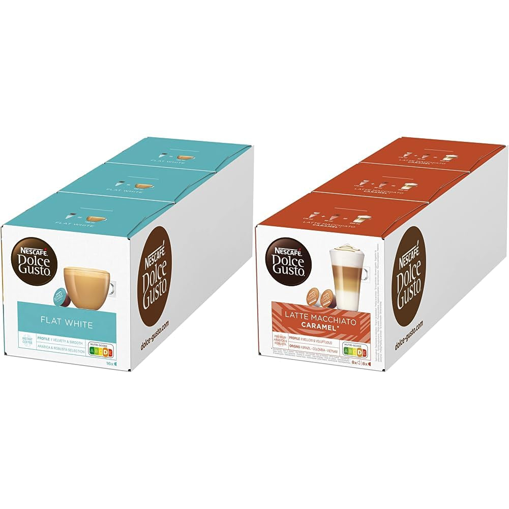 Flat White, 48 Kaffeekapseln, Arabica und Robusta Bohnen & Latte Macchiato Caramel, 48 Kaffeekapseln