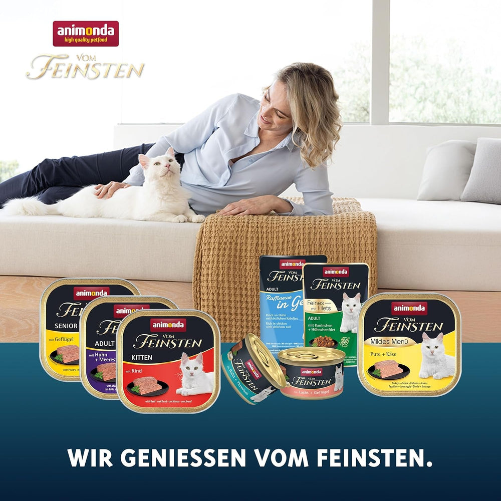 animonda Vom Feinsten Adult Gourmet Variety (32 x 100 g), hrană umedă pentru pisici adulte, fără cereale și fără zahăr, cu un miez gourmet irezistibil.