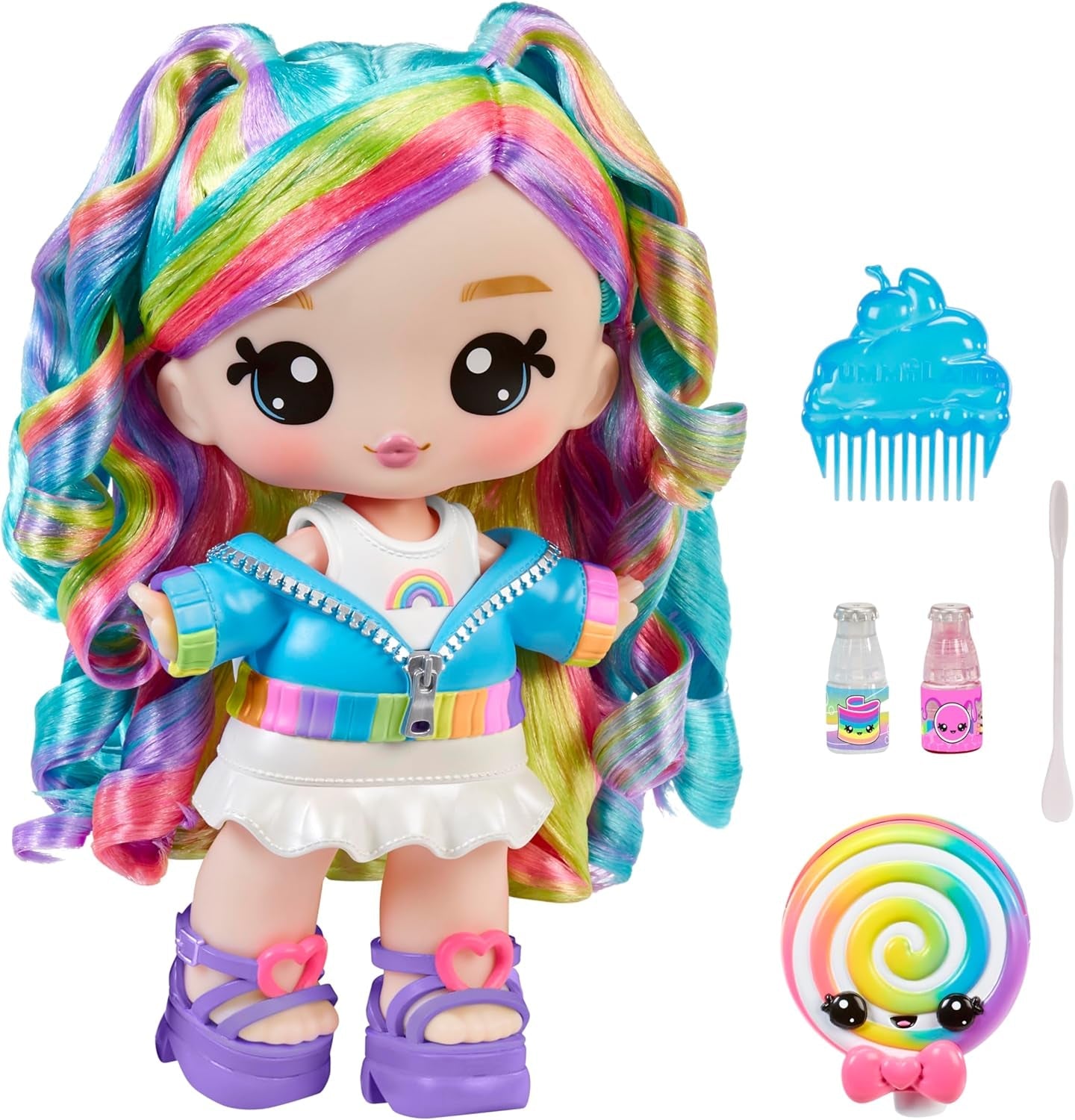 Yummiland Large Doll und Num Nom Lipgloss Pet - Rory Blueberry und Goodie - Duftende Puppe mit DIY Lipgloss-Set - Geeignet für Kinder ab 4 Jahren