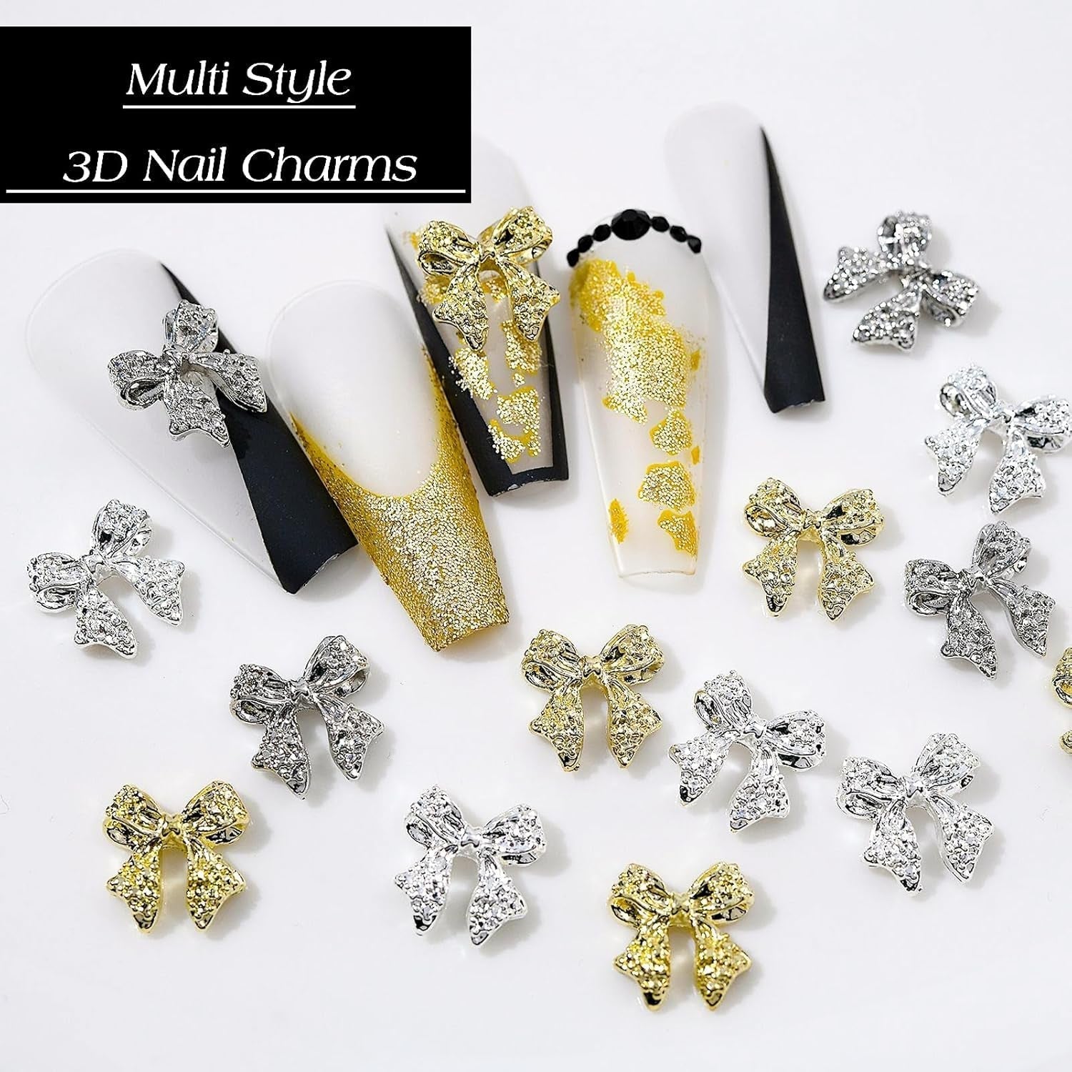 30 de bucăți de funde metalice pentru unghii, funde aurii, argintii și gri, accesorii pentru unghii, decorațiuni pentru unghii pentru femei și fete, design de unghii artizanal