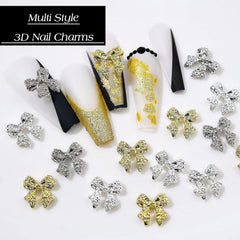 30 de bucăți de funde metalice pentru unghii, funde aurii, argintii și gri, accesorii pentru unghii, decorațiuni pentru unghii pentru femei și fete, design de unghii artizanal