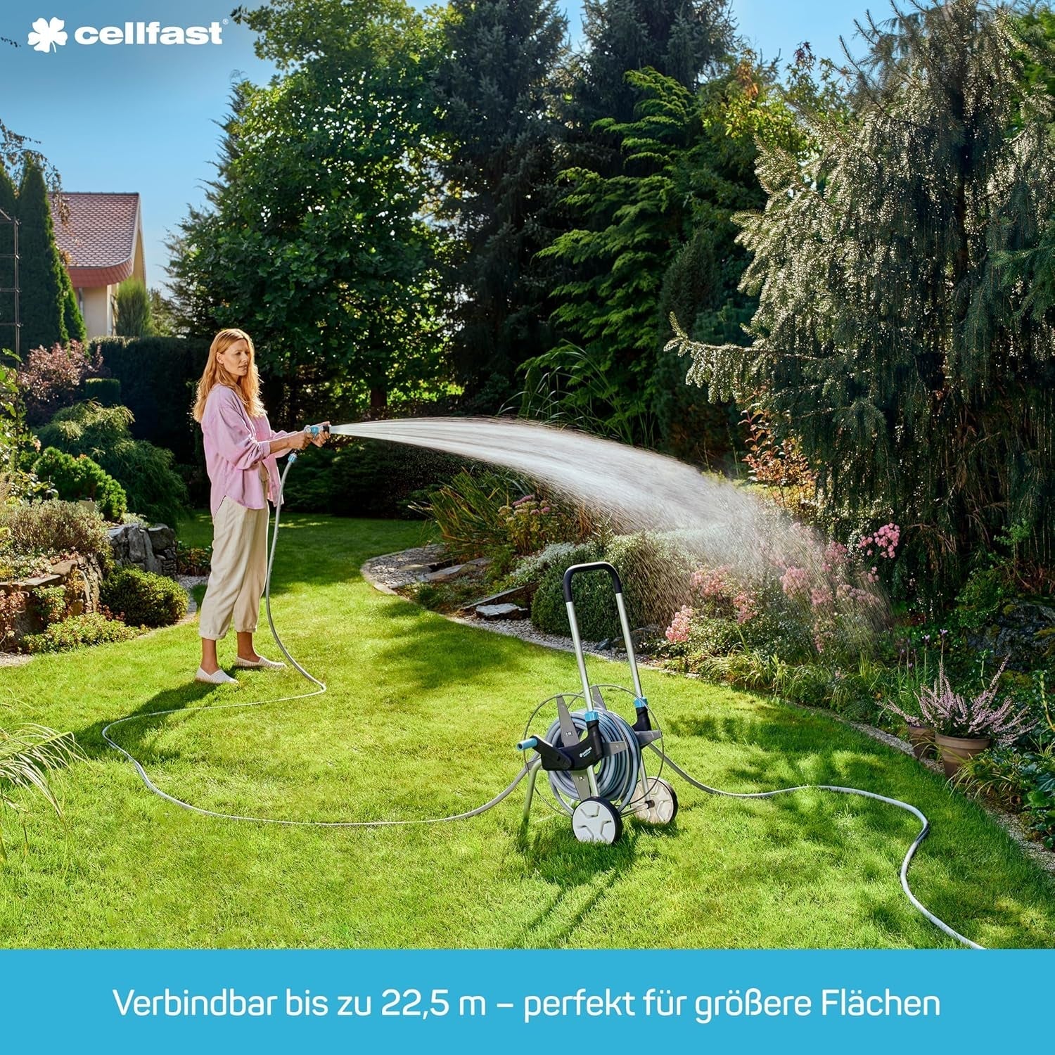 Furtun de irigații Cellfast SPRING, furtun de irigații cu trei canale și conectori completi, fabricat din fire de înaltă calitate, rezistent la UV, 15 m, 1/2 inch, 19-022, multicolor, 38x38x8 cm