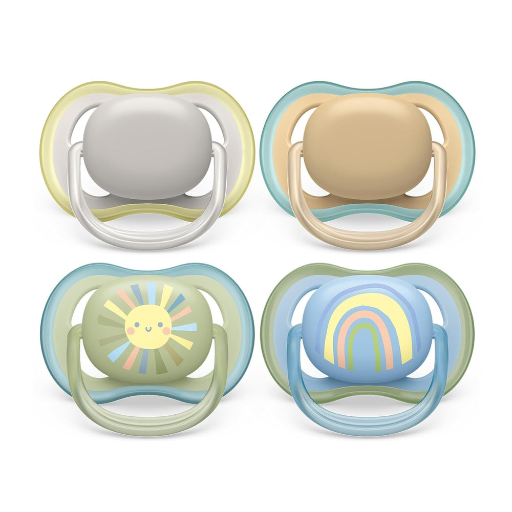 Suzete Philips AVENT ultra air - pachet de 4 suzete fără BPA, respirabile, pentru bebeluși între 0 și 6 luni, inclusiv cutie de transport și sterilizare, culoare soare/curcubeu (model SCF085/65)
