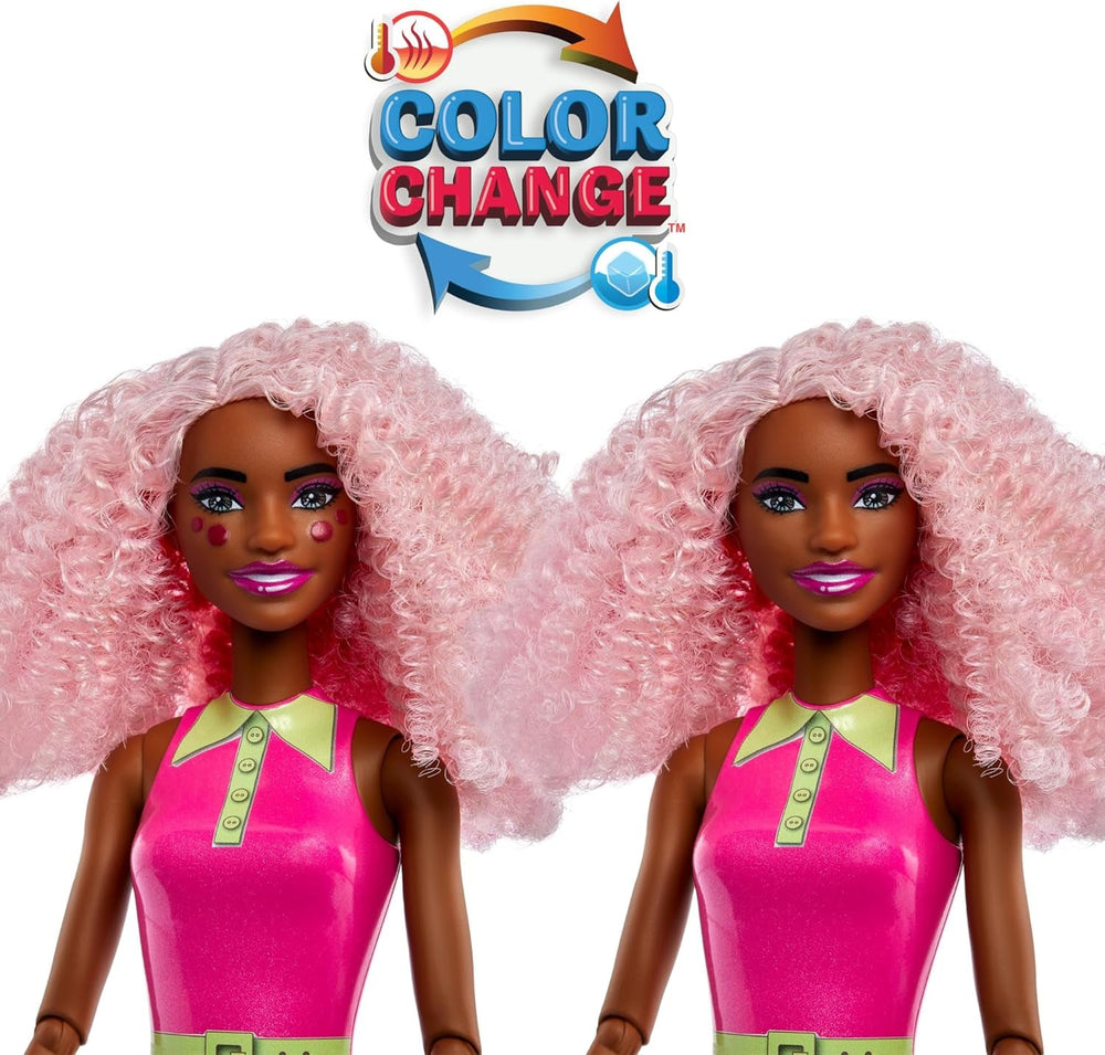 Păpușa Barbie Pop Reveal Bubble Tea și accesorii, Păpușă la modă parfumată Berry Bliss cu animal de companie, 8 surprize, inclusiv schimbător de culoare, cană de depozitare, HTJ20