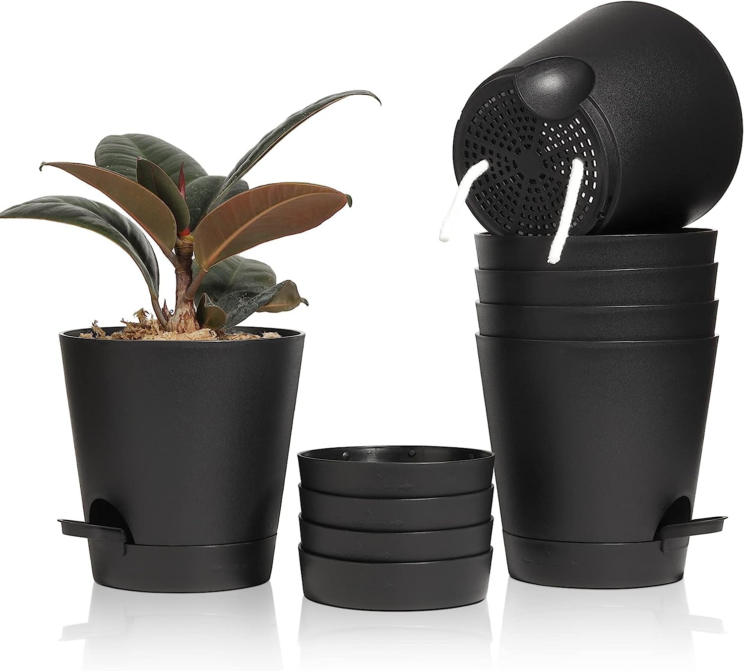 Ghiveci de flori din plastic T4U de 14 cm cu sistem de udare, set de 6 ghivece cu auto-udare și farfurioare, ghivece rotunde pentru plante de grădină de interior și balcon, suculente, cactuși, alb