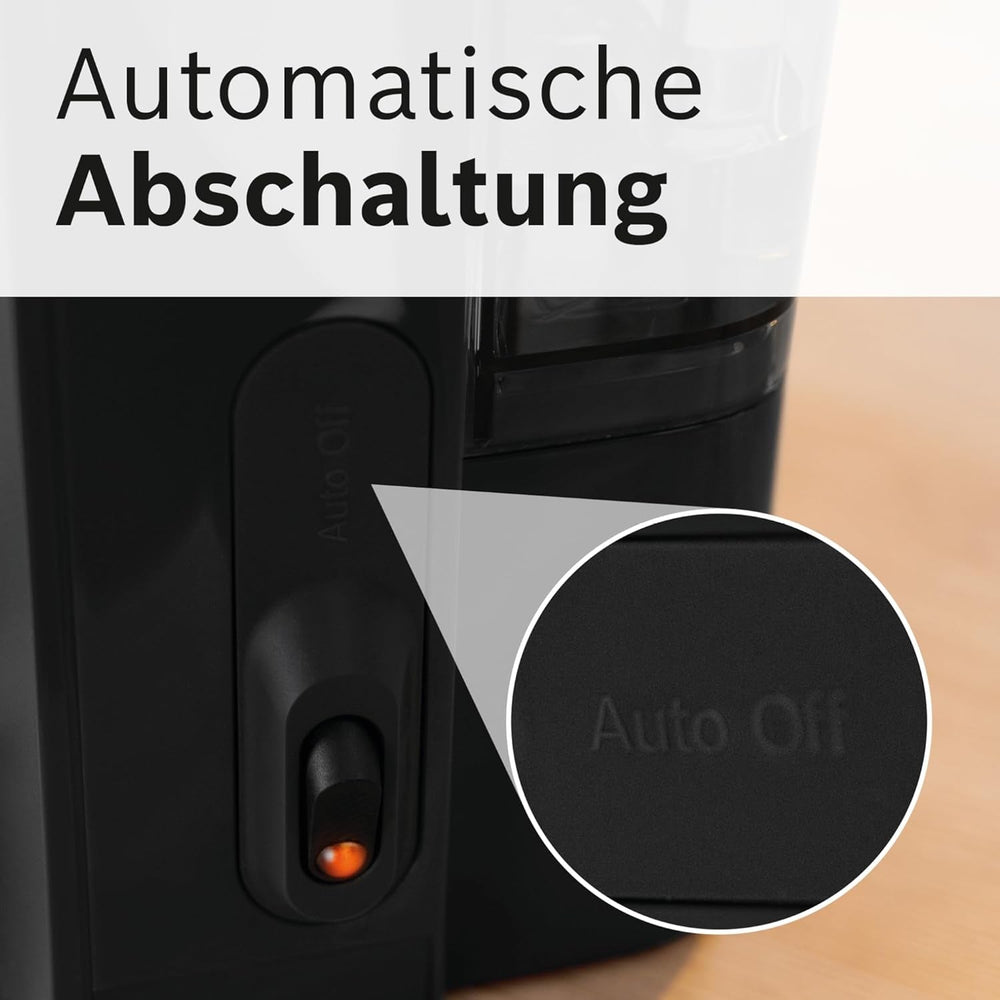 Espressor cu filtru Bosch MyMoment TKA2M113, carafă din sticlă de 1,25 l, pentru 10-15 cești, funcție de menținere la cald timp de 40 de minute, sistem anti-picurare, suport pentru filtru rotativ, rezervor de apă detașabil, 1200 wați, negru mat