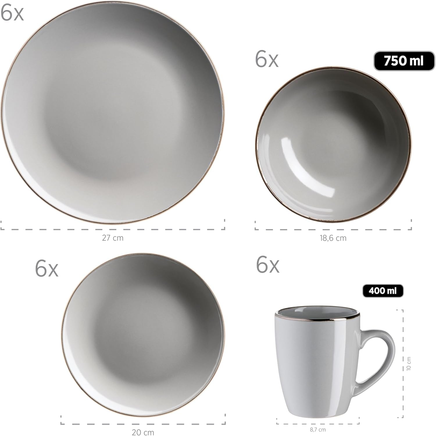 MÄSER Ramă metalică, Set de veselă modern pentru 6 persoane cu ramă de culoarea alamei, Serviciu combinat cu 24 de piese cu forme de cupe fără ramă, Gresie, Gri