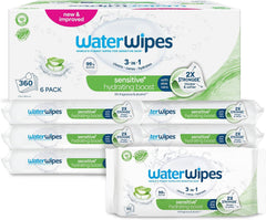 Șervețele umede WaterWipes Sensitive+ Hydrating Boost, șervețele hidratante, 360 bucăți (6 pachete), 3 în 1 curăță, îngrijește, hidratează, 99% apă cu aloe vera, șervețele umede fără parfum pentru bebeluși