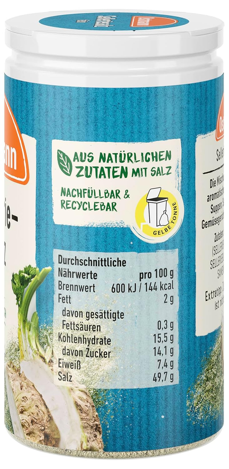 Ostmann Gewürze - Selleriesalz | Zum Verfeinern zahlreicher herzhafter Gerichte | Recyclebare, nachfüllbare Streudose | 50 g im Streuer