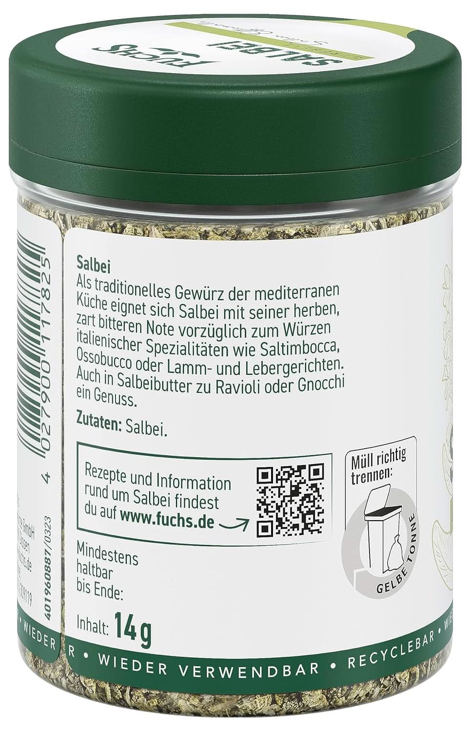 Fuchs, Salvie, Notă acră, delicat amară pentru Ravioli sau Gnocchi, 14 grame Condimente Naty Shop