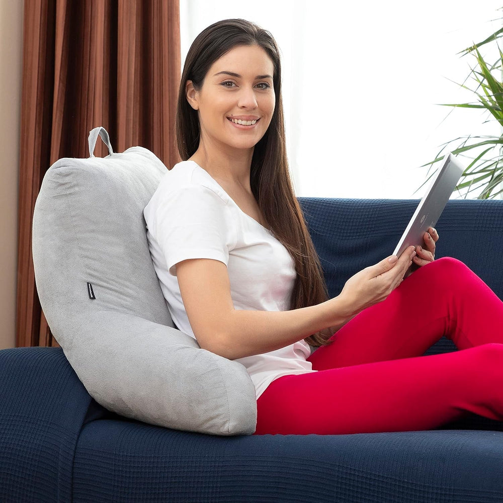 Pernă de citit InnovaGoods Huglow cu cotieră, pentru canapea, pat și covor, pernă de citit cu suport lombar și mâner de transport, ergonomică, previne disconfortul și durerea, gri