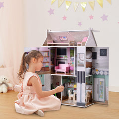 Casă de păpuși interactivă din lemn pentru copii, Olivia's Little World, Dreamland, cu 3 etaje și 13 accesorii pentru mobilier de păpuși, albă, TD-13632A