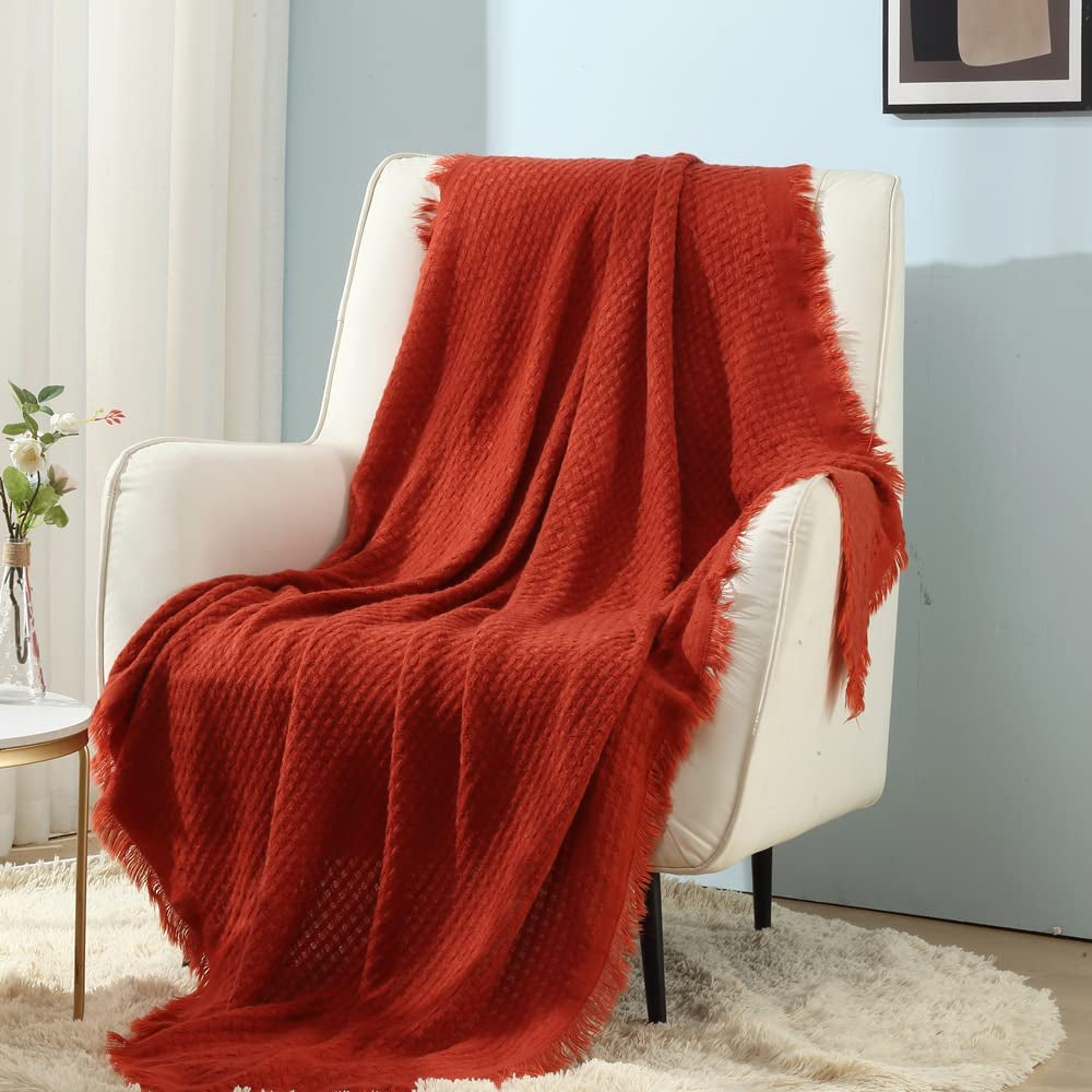 CREVENT Pătură tricotată din rugină pentru canapea, canapea, scaun, pat, decorațiuni interioare, moale, caldă, confortabilă, ușoară, pentru primăvară, vară, toamnă (127,8 X 152,4 cm Caramel / maro / portocaliu ars) Paturi si Cuverturi CREVENT Portocaliu