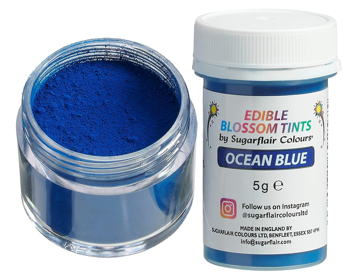Pudră colorantă alimentară Sugarflair Blossom Tint Dust, albastru ocean - Pudră colorantă alimentară pentru decoruri de tort, pastă de zahăr, fondant, glazură, ciocolată, cremă de unt, macarons și multe altele - 5G