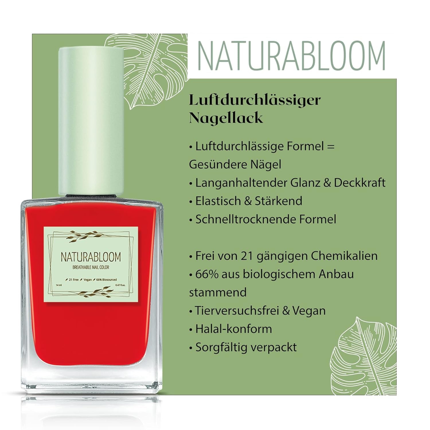 Oja roșie cu uscare rapidă (Poppy Red) - ojă naturală cu formulă vegană - respirabilă, sustenabilă și de lungă durată, 14 ml