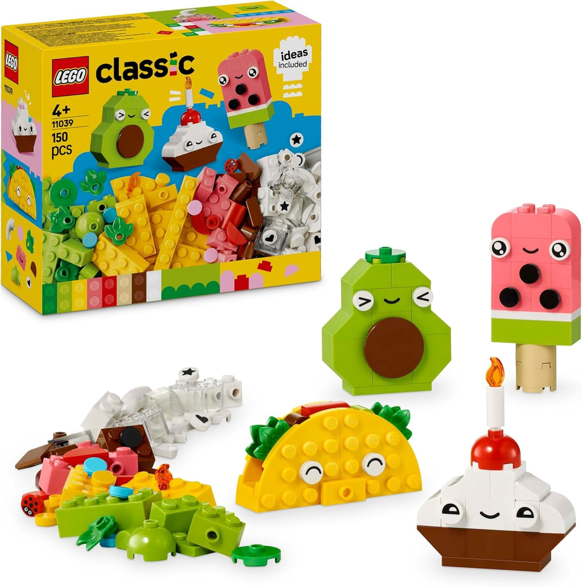 LEGO Classic Kreativer Snack Bauspaß, Spielzeug mit Essen für fantasievolle Rollenspiele, Bauset für Jungen und Mädchen ab 4 Jahren, Cupcake, Avocado, EIS am Stiel und Taco 11039
