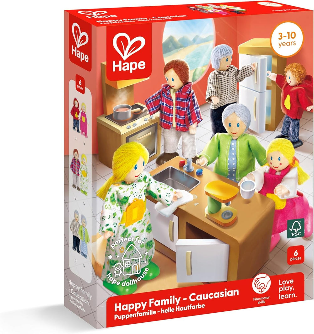 Set familial de păpuși Hape Doll Family premiat, accesorii unice pentru case de păpuși din lemn, joc imaginativ, 6 membri ai familiei de păpuși, pentru copii cu vârsta de 3 ani și peste