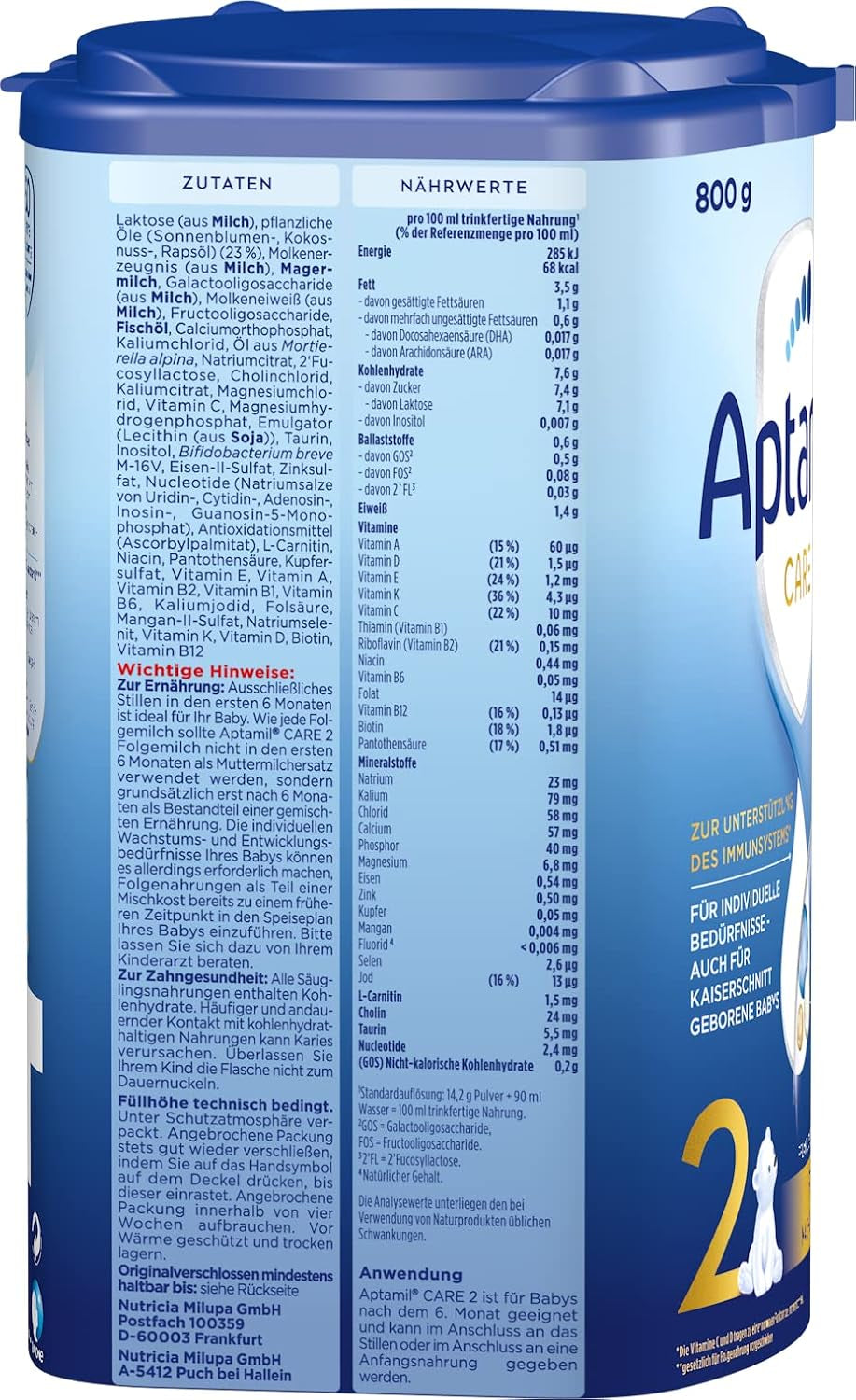 Aptamil Care 2 – Lapte de continuare după 6 luni, cu Omega 3 și 6, DHA și ARA, fără ulei de palmier, hrană pentru bebeluși, lapte praf, 1 x 800 g (pachet de 6)