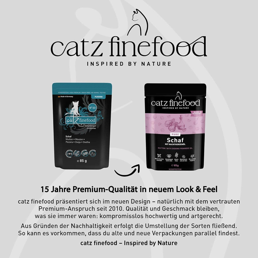 Hrană umedă pentru pisici Catz Finefood Purrrr Sheep Monoprotein nr. 113, pentru pisici cu digestie sensibilă, conținut de carne de 70%, 16 pliculețe a câte 85 g