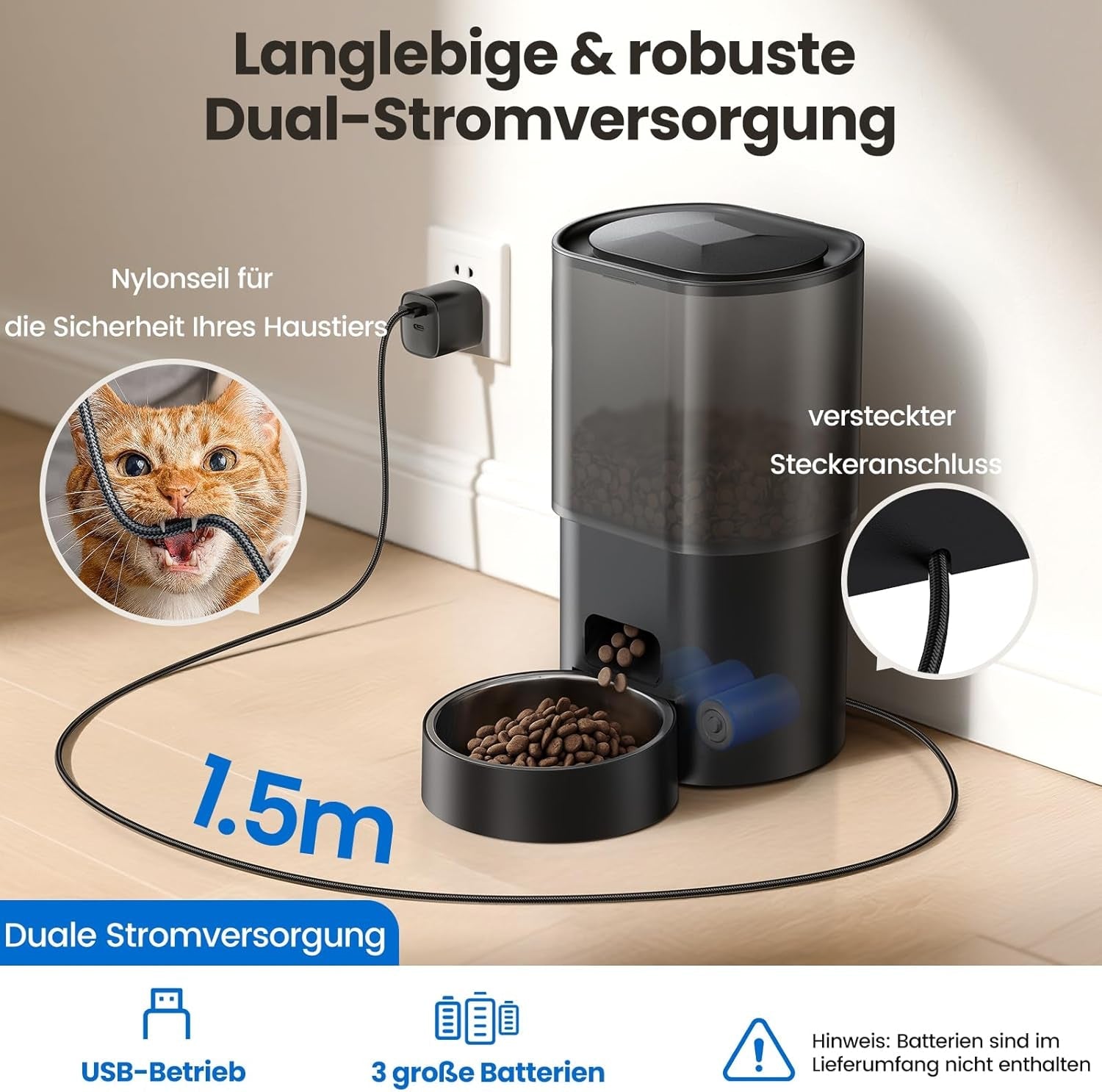 Hrănitor automat pentru pisici de 3 l, set fântână pentru pisici de 2,5 l, dispozitiv de hrănire de la distanță cu zgomot redus, controlat prin aplicație, cu 10 mese pe zi, design anti-blocare, ideal pentru pisici și căței