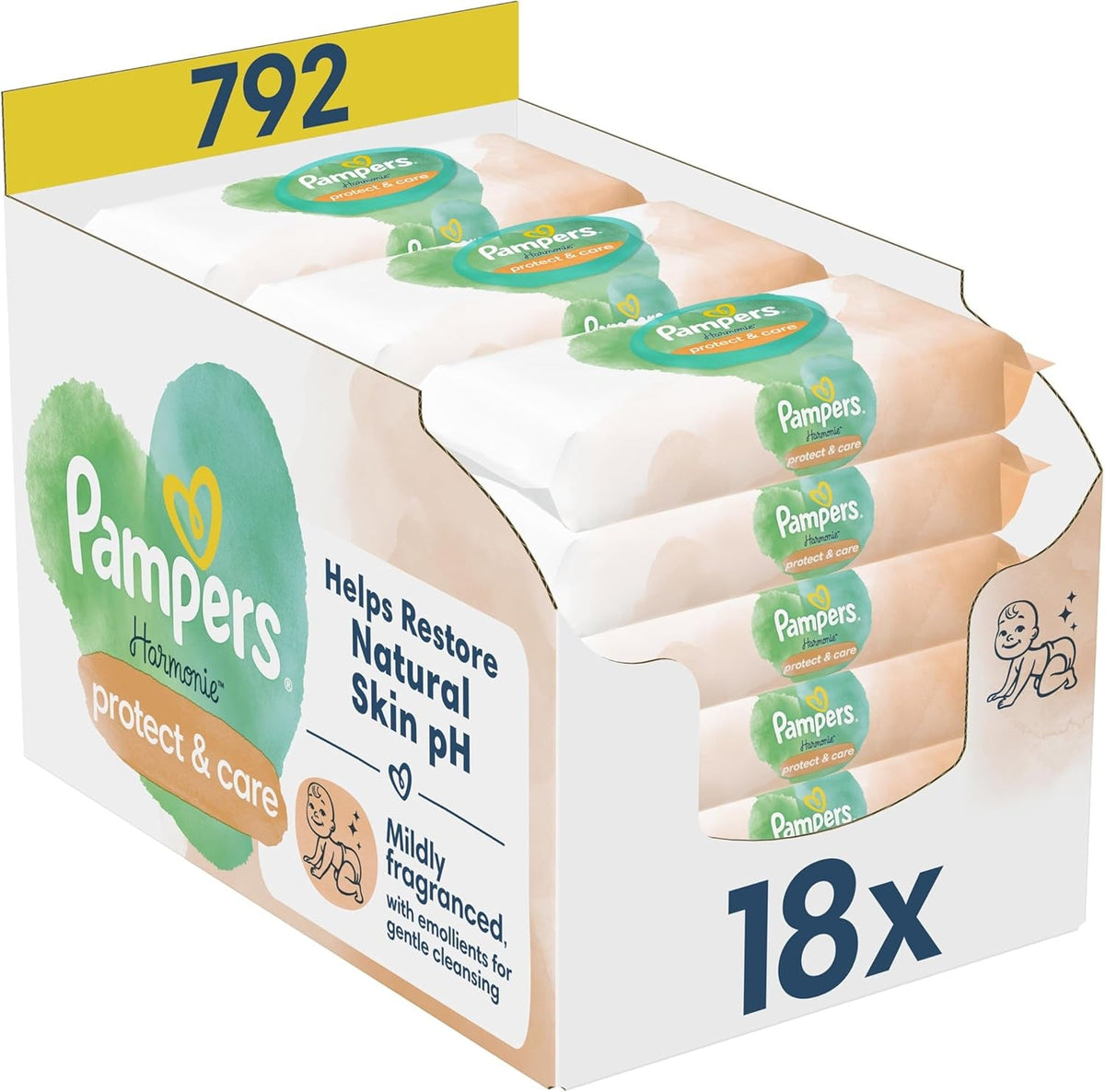 Șervețele umede Pampers Harmony Protect & Care, 18 pachete a câte 44 de șervețele fiecare = 792 de șervețele care ajută la restabilirea echilibrului natural al pH-ului pielii
