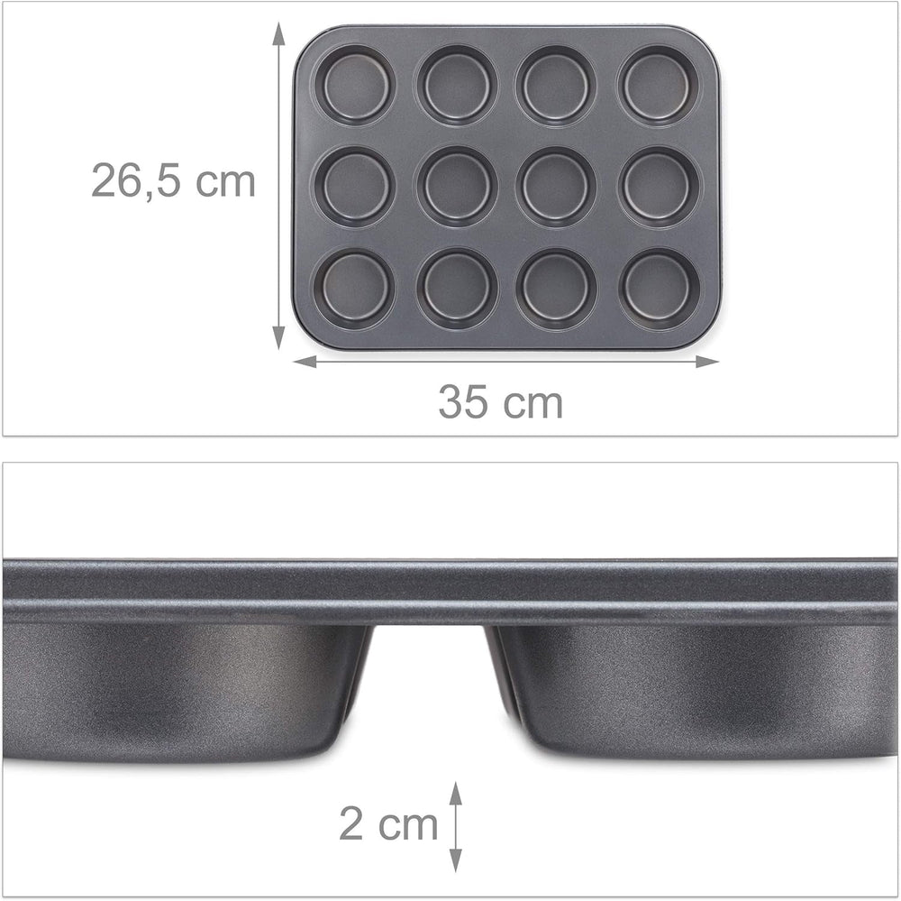 Relaxdays Muffinform, 2Er Set, 12Er Muffinbleche, Antihaftbeschichtet, Carbonstahl, Muffins & Cupcakes, Ø 6,5 Cm, Grau, 10030825 Matrite si tavi pentru copt Naty Shop