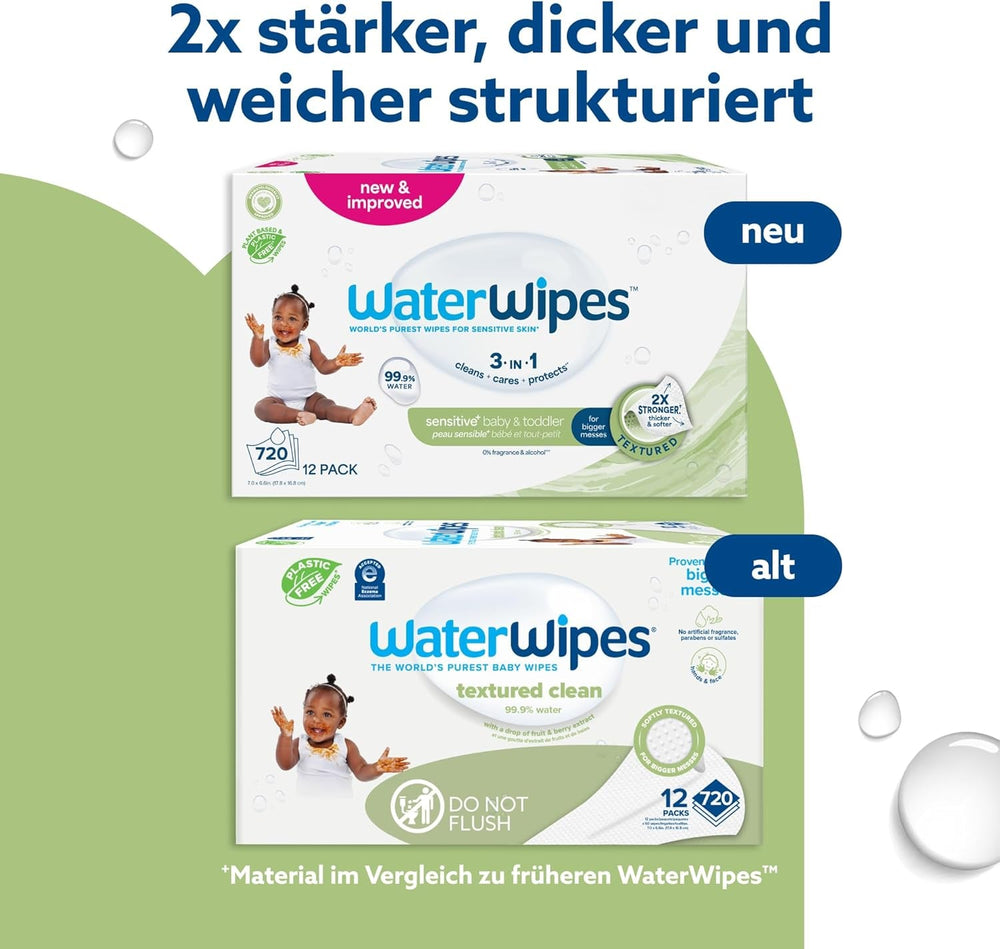 Șervețele umede WaterWipes Sensitive+ pentru bebeluși și copii mici, 720 bucăți (12 pachete), curățare 3 în 1, îngrijire, protecție, 99,9% apă, curățare texturată, fără parfum