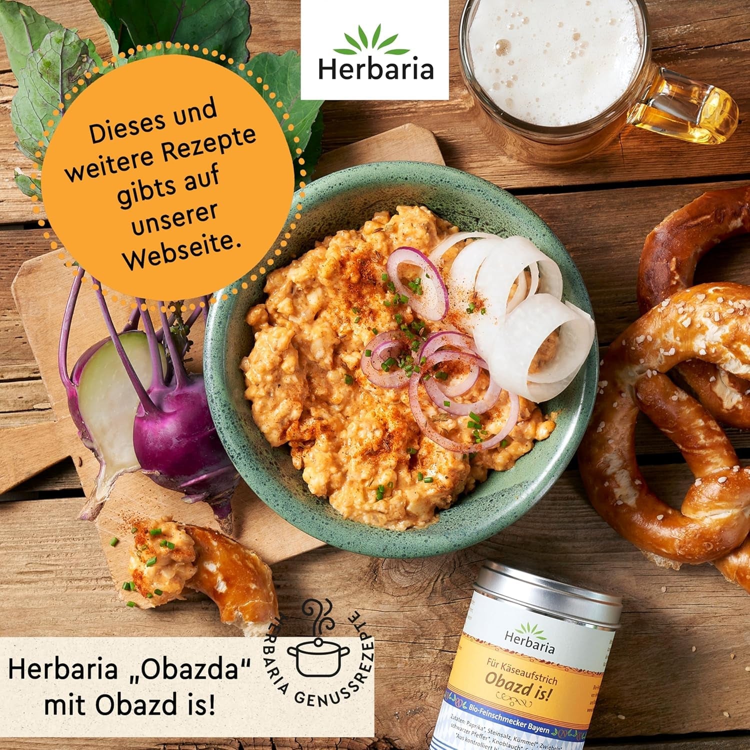 Herbaria Obazd is! bio 90g M-Dose – Bio-Gewürzmischung bayerischen Biergartenklassiker Obazda – für Brotaufstriche, Käsegerichte, Käsefondue – Raclette Gewürz - in nachhaltiger Aromaschutz-Dose