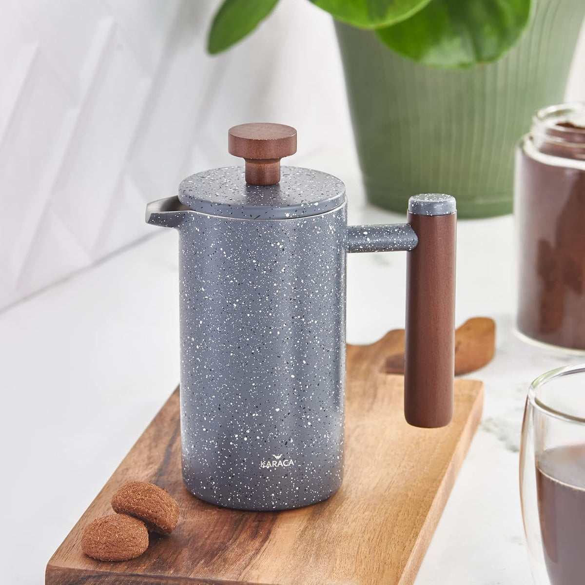 Presă franceză cu pereți dubli din marmură KARACA și mâner din castan – Presă franceză izolată pentru cafea – Aparat de cafea pentru acasă, călătorii și camping – 350 ml – Gri închis