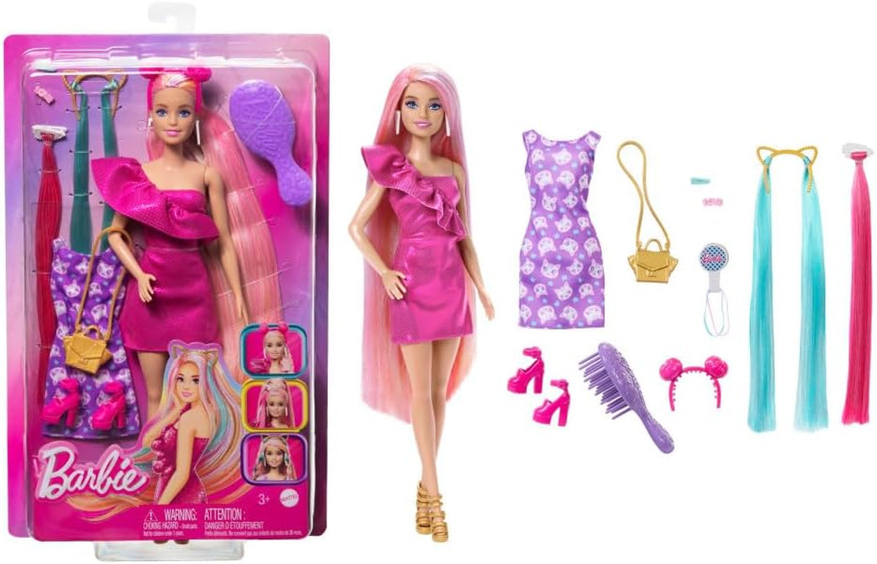 Barbie Totally Hair - Puppe mit extra Langen, frisierbaren Regenbogenhaaren und 10 Mode- und Styling-Accessoires, gepunktetes Kleid im Colorblock-Stil, für Kinder ab 3 Jahren, HKT96
