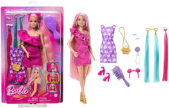 Barbie Totally Hair - Puppe mit extra Langen, frisierbaren Regenbogenhaaren und 10 Mode- und Styling-Accessoires, gepunktetes Kleid im Colorblock-Stil, für Kinder ab 3 Jahren, HKT96
