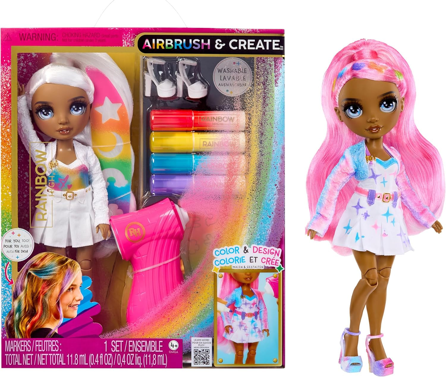 Rainbow High Color & Create DIY Modepuppe - Grüne Augen, Zöpfe, extra Top & Schuhe, abwaschbare Regenbogenstifte - Ausmalen, Gestalten, Spielen, Auswaschen - für Kinder von 4-12 Jahren und Sammler