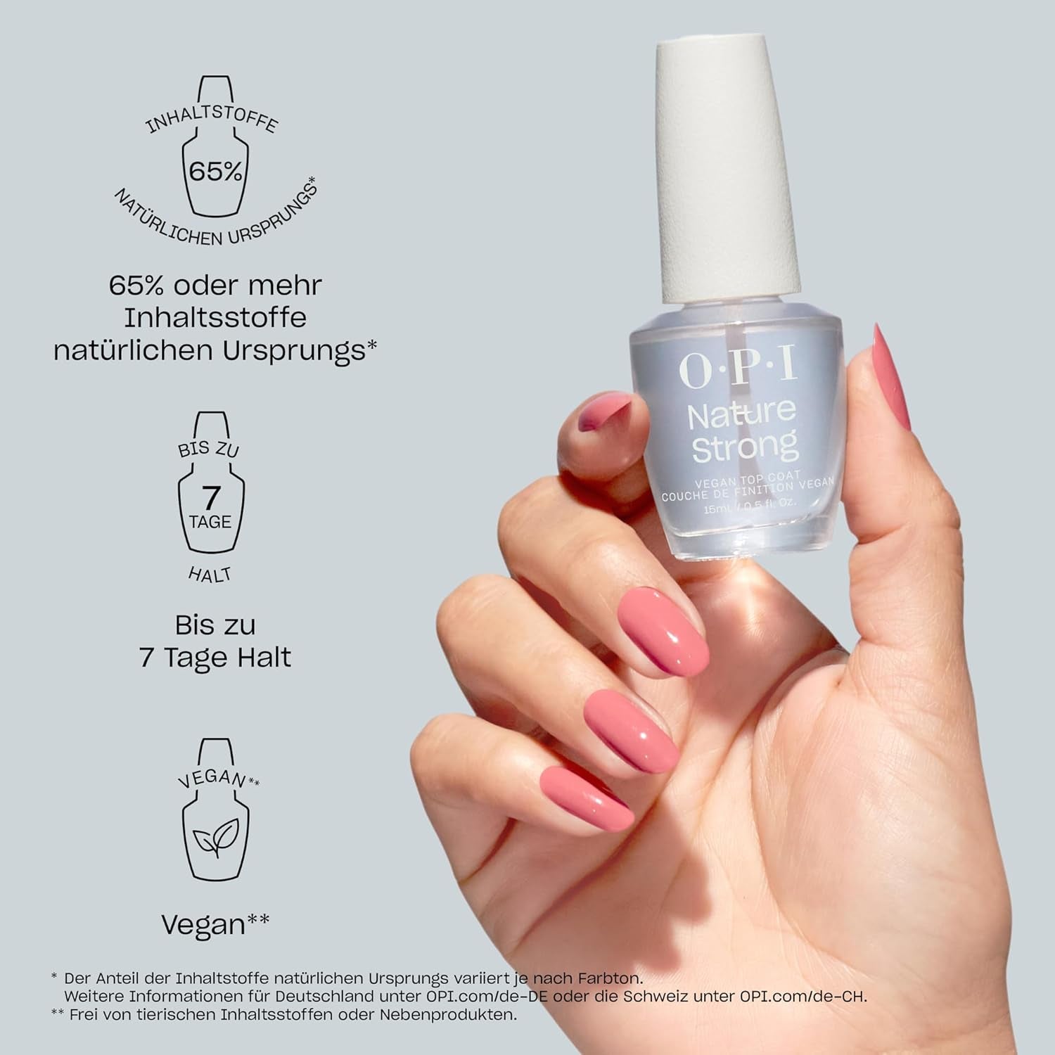 OPI Nature Strong Base & Top Coat – formulă vegană cu ingrediente naturale – bază și top coat inspirate din îngrijirea pielii pentru unghii cu aspect sănătos instantaneu