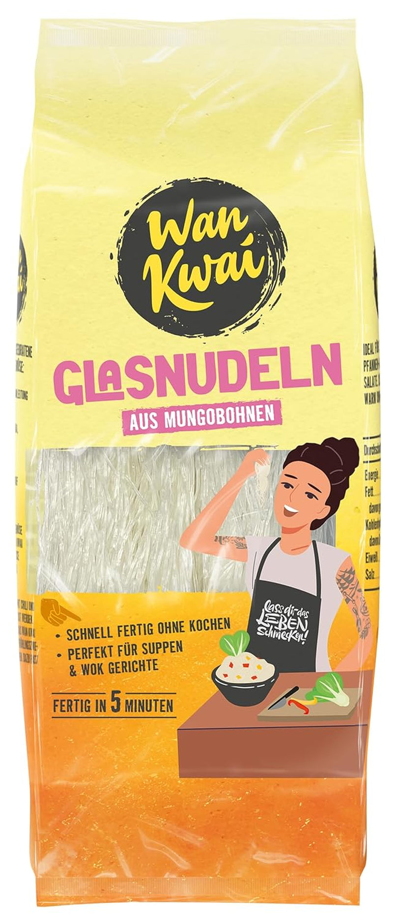 Tăiței de sticlă Wan Kwai 100g – Varietate asiatică pentru gurmanzi! Fără gluten, preparați din amidon de fasole mung și apă. Ideali pentru supe, mâncăruri la wok și salate. Textură delicată, gata în 5 minute.
