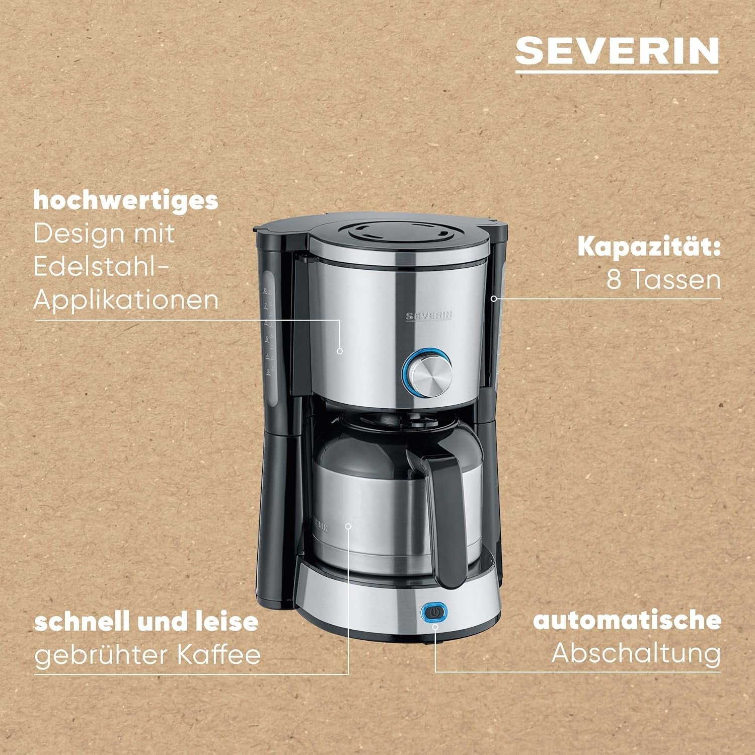 Espressor SEVERIN „TypeSwitch” cu carafă termică, AromaSwitch pentru alegerea între 2 profiluri de preparare, aparat de cafea pentru până la 10 cești, 1000W, oțel inoxidabil periat-negru, KA 4845